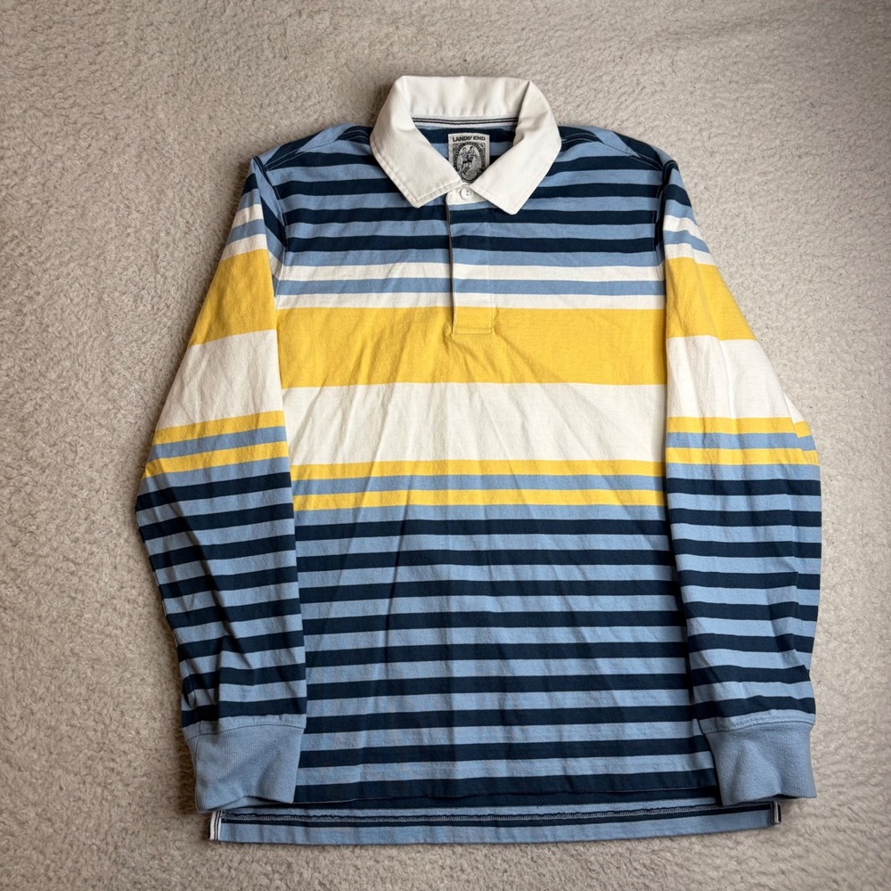 Y2K Lands End Mens Rugby Shirt Medium Blue Yellow White Striped Long Sleeve